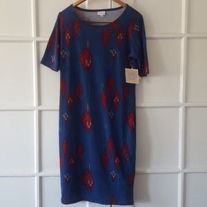 LuLaRoe Julia Midi Dress Blue Red Western Print